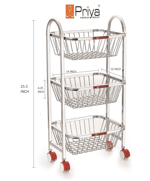 Priya Stainless Steel Trolley 3 Layers (14x12x4.25-inch, White) - Image 2
